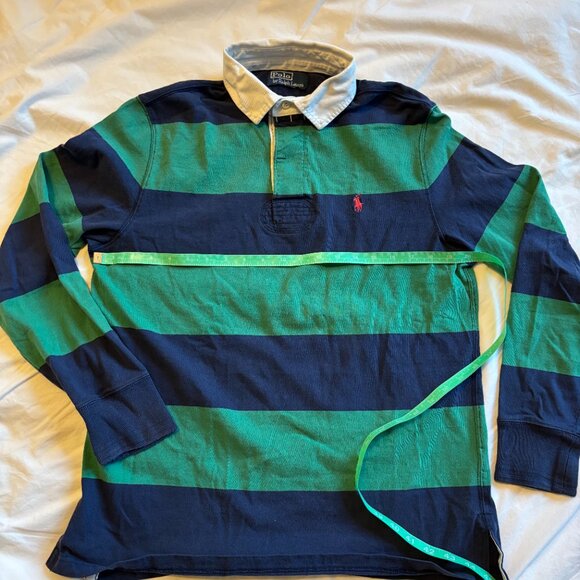 Ralph Lauren POLO  GREEN & BLUE STRIPED Rugby Shirt -80's 90's - Picture 5 of 6